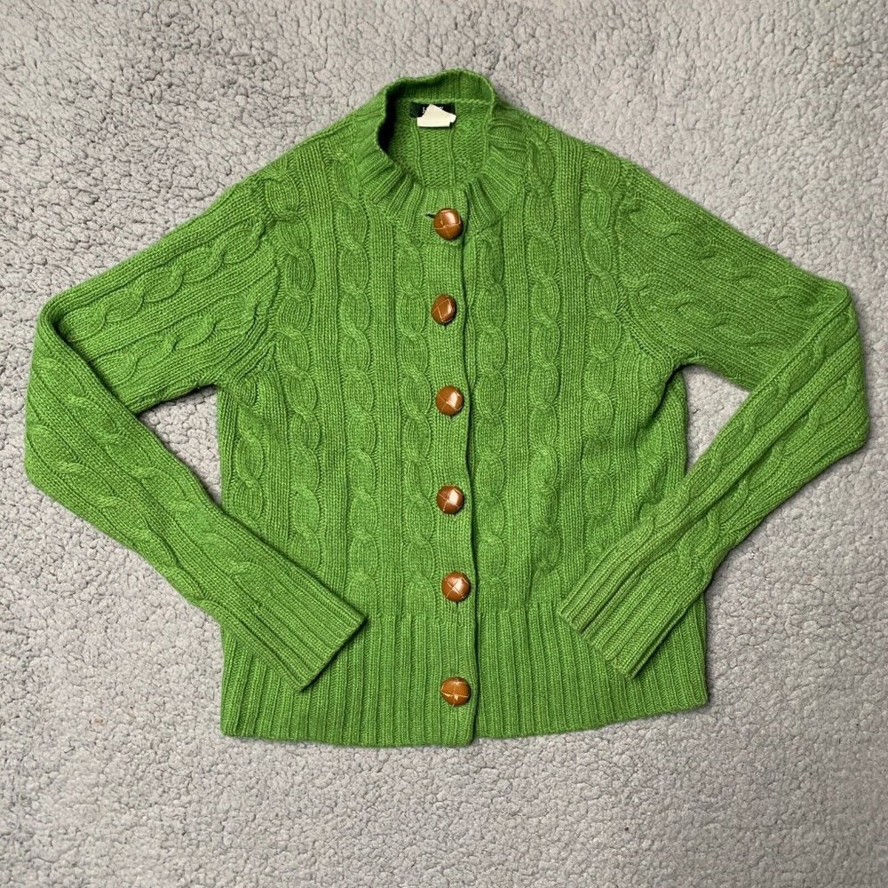 J Crew Y2K Cable-Knit Wool Cardigan Merino Cashmere Angora Green